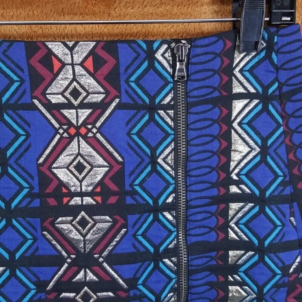 J CREW Skirt Womens Size 4 Blue A-Line Front Zip Geometric Aztec Preppy